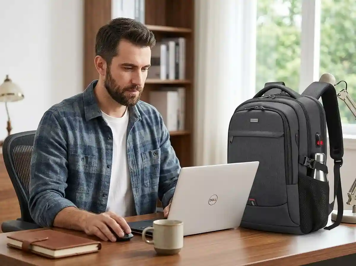 DUSLANG® brand story — professional using laptop while DUSLANG backpack rests beside him